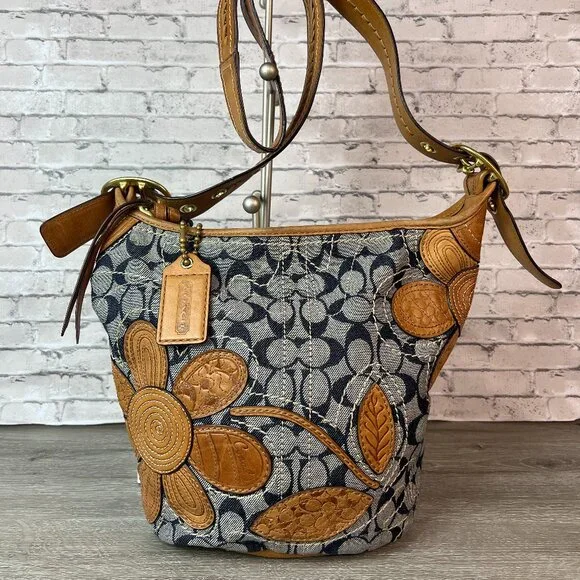RARE COACH 11781 Bleecker Floral Appliqué Crossbody Hobo Denim Vachetta - Picture 1 of 7